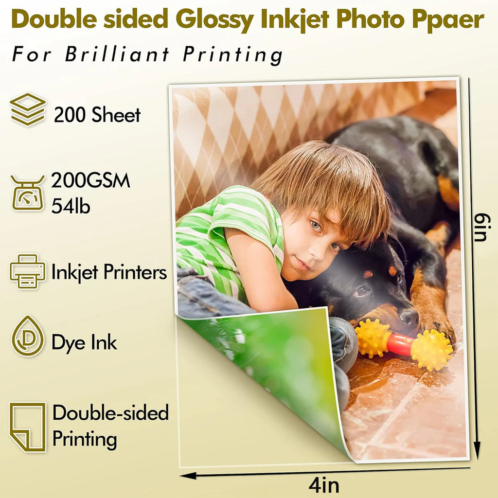 4R Double Sided Glossy Photo Paper , 200GSM/54LB Inkjet Printer Paper 4 x 6"Glossy for Crafting, Chip Bags, Calendars, Menus Qme 4R-DSG-200