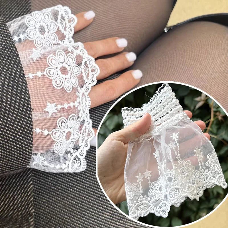 Detachable Lace Cuffs Gloves Flower Mesh Fake Flared Sleeves Pleated Qme
