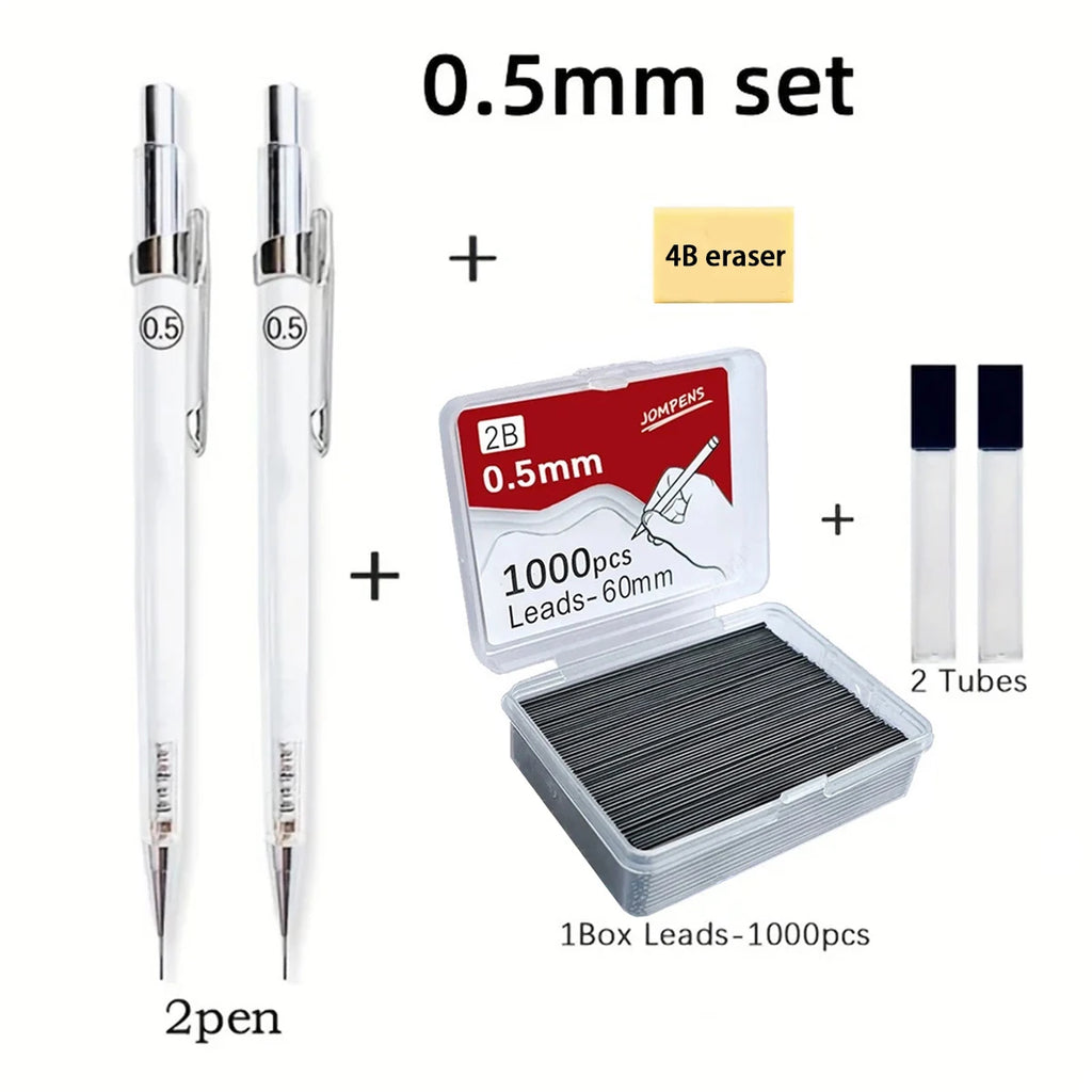 Art Drawing Transparent Mechanical Pencil 0.5/0.7/0.9mm Replaceable 2B Lead Refills + 2 Dispensing Tubes Office Supplies Qme 0.5mm set