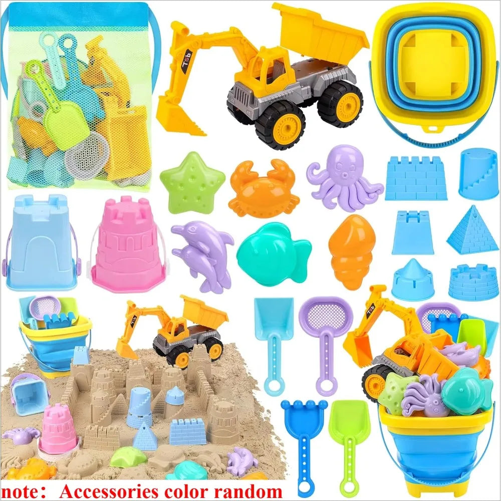 Beach Sand Toys for Kids Beach Toys Set with Ice Cream Cake Sand Molds Mesh Beach Bag Shovel Rake for Toddler Sandbox Outdoor Qme 21Pcs Yellow Car