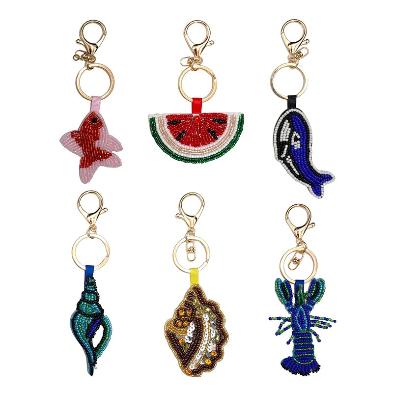 Bag charm decor with Beaded Sequin Rhinestone Crab, Starfish, Shell, and Conch Keychain Qme