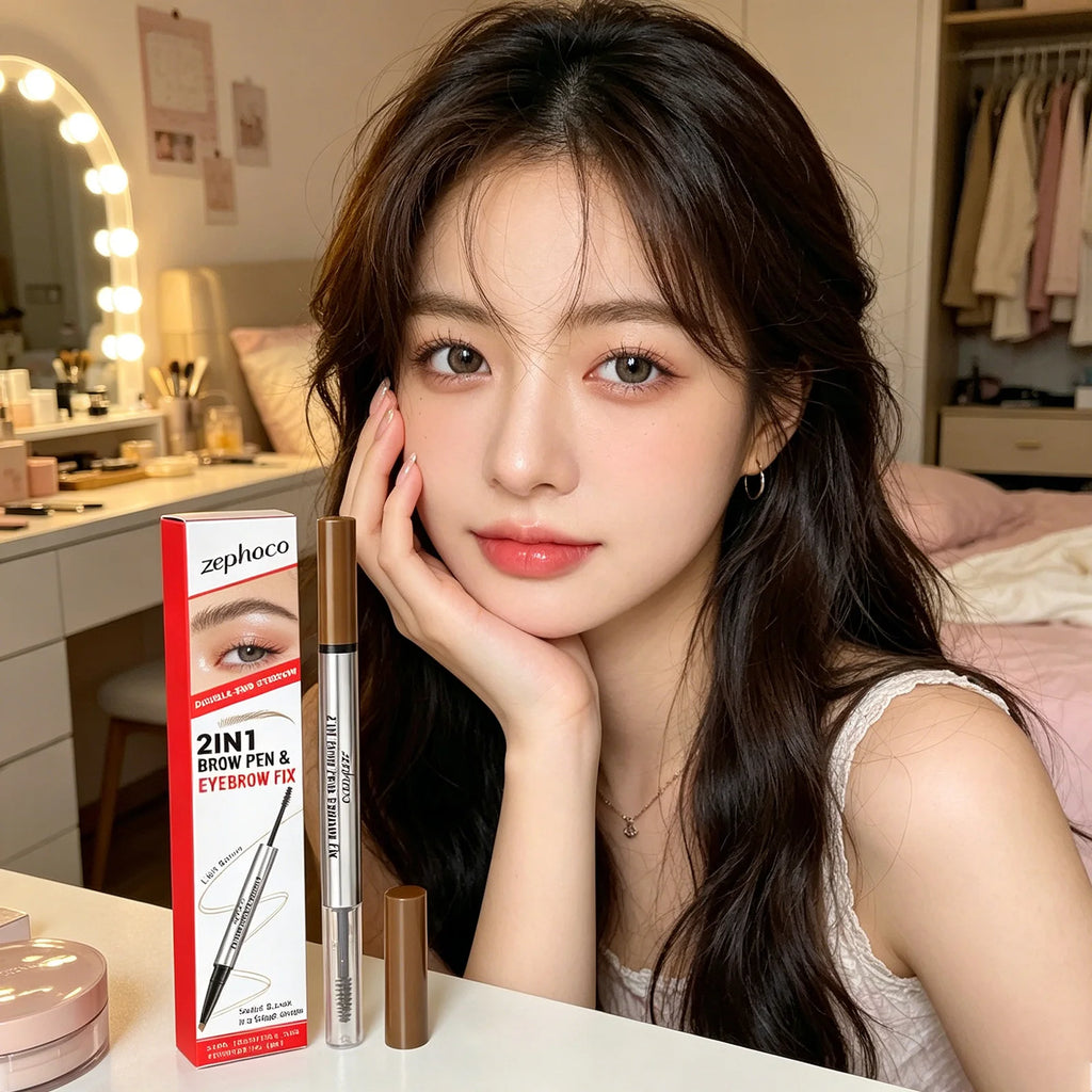 zephoco 2 in 1 Brow Pen Eyebrow Fix Long Lasting Waterproof Quick Shape Multi-use Smudge Proof Makeup Double-End Eye Brow Pencil Qme