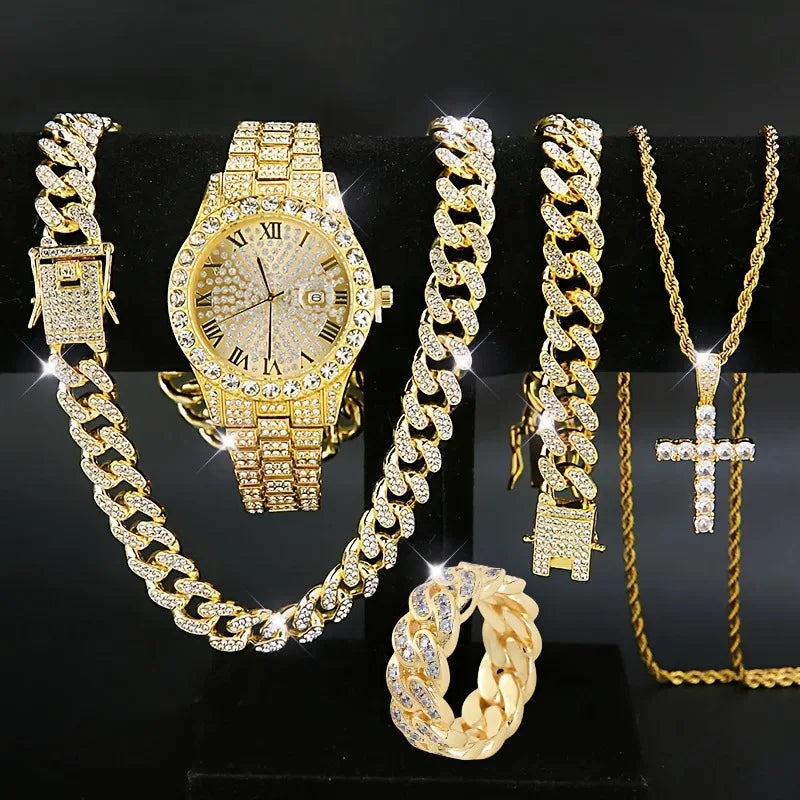 Men's Bling Jewelry Set: Gold Iced Out Watch + Cuban Link Chain + Bracelets + Cross Pendant Necklace + Ring, 5Pcs Hip Hop Set Qme Gold