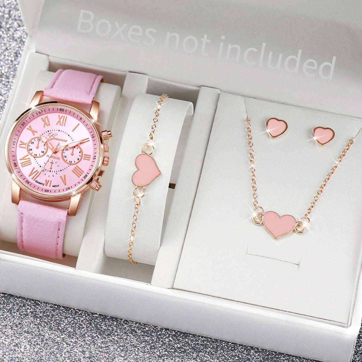 5Pcs Pink Heart Crystal Watch Jewelry Set Women Roman Dial Leather Chronograph Quartz Wristwatch Matching Heart Jewelry Gift Qme F Without Box