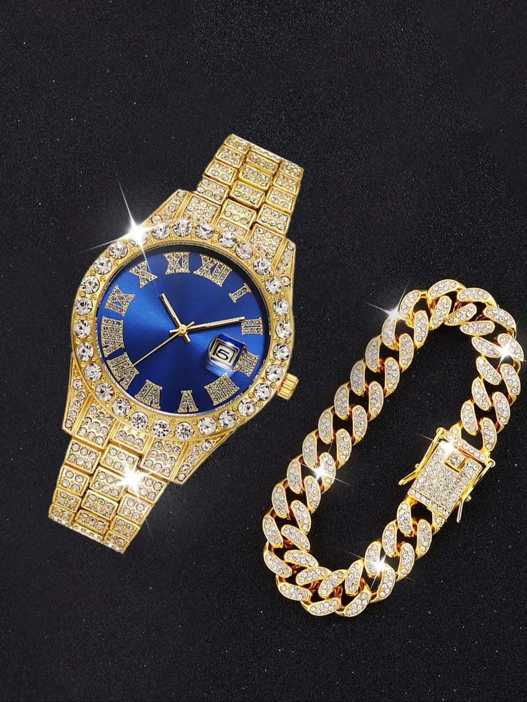 Gold Full Diamond Roman Calendar Men Watch With Cross Necklace Bracelets Qme