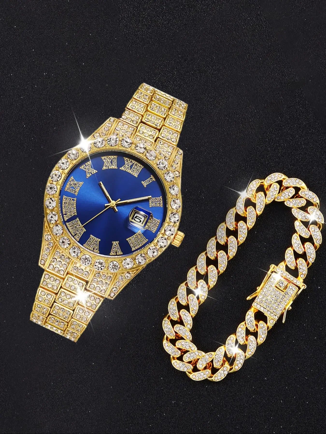 Men's Full Diamond Gold Watch and Jewelry Combo Set, Iced Out Cuban Chain + Bracelet + Blue Cross Pendant + Watch, Perfect Gift Qme