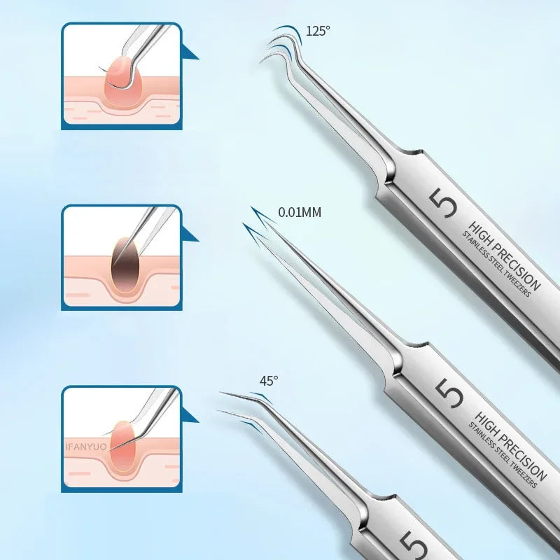 Ultra-fine Acne Pimples Blackhead Clip Tweezers Beauty Face Skin Care Cleaning Blackhead Remover Kit Acne Needle Hook Tool Qme