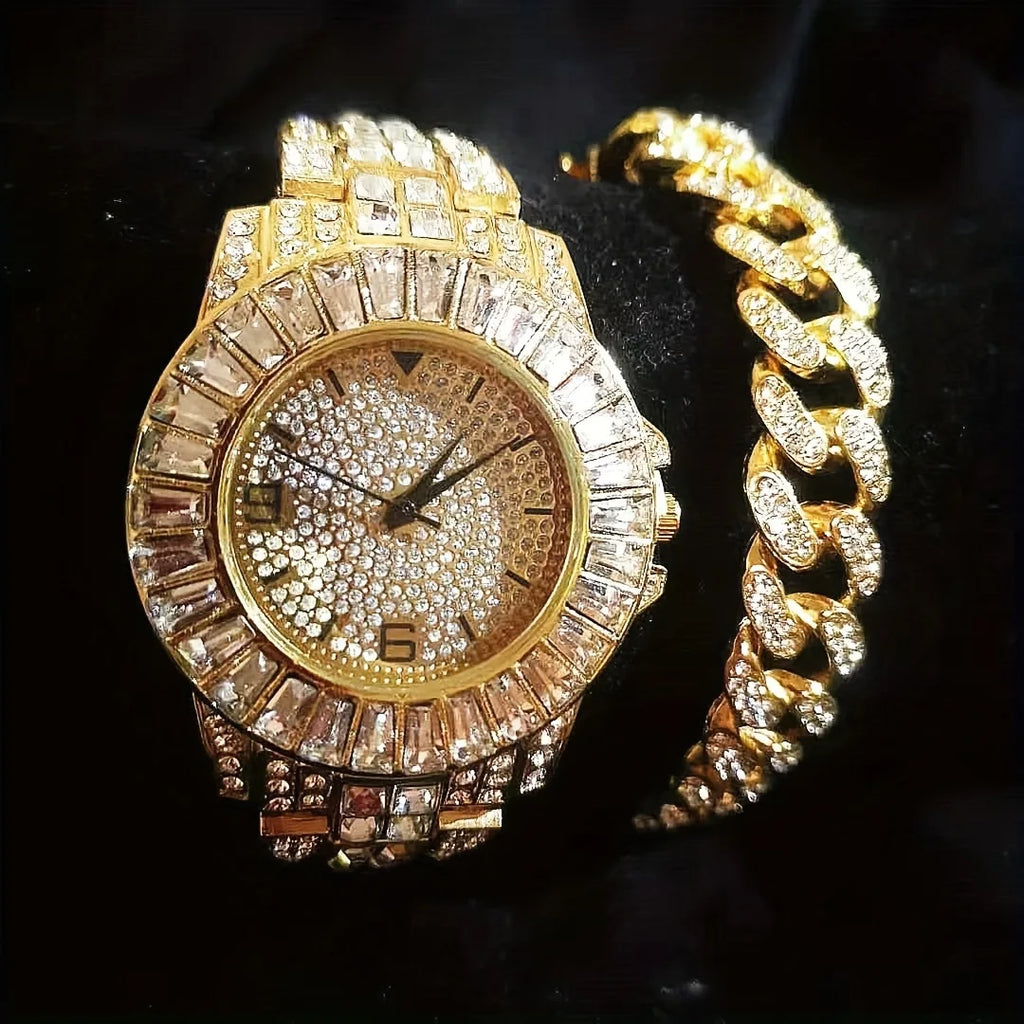 Men's Bling Jewelry Set: Gold Iced Out Watch + Cuban Link Chain + Bracelets + Cross Pendant Necklace + Ring, 5Pcs Hip Hop Set Qme