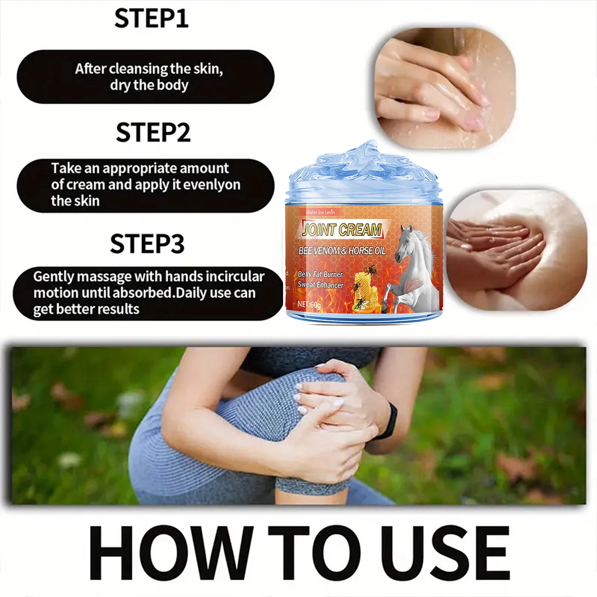 Bee Venom & Horse Oil Joint Cream - Moisturizing Formula with Ginger, Chamomile, and Arnica Extracts, Suitable for Knees, Back, Shoulders, and Neck Muscles - 60g Qme