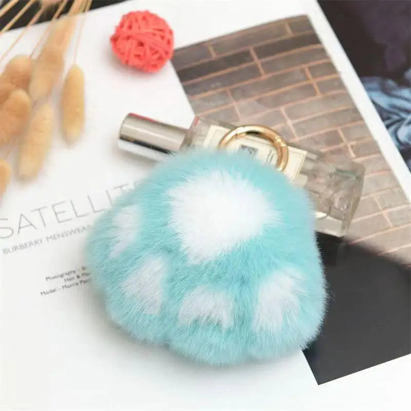Cat Paw Pendant Keychain Fluffy Kawaii Faux Fur Keychain Cute Stuffed Toy Plush Toy Key Ring Backpack Car Key Pendant Qme blue 5CM