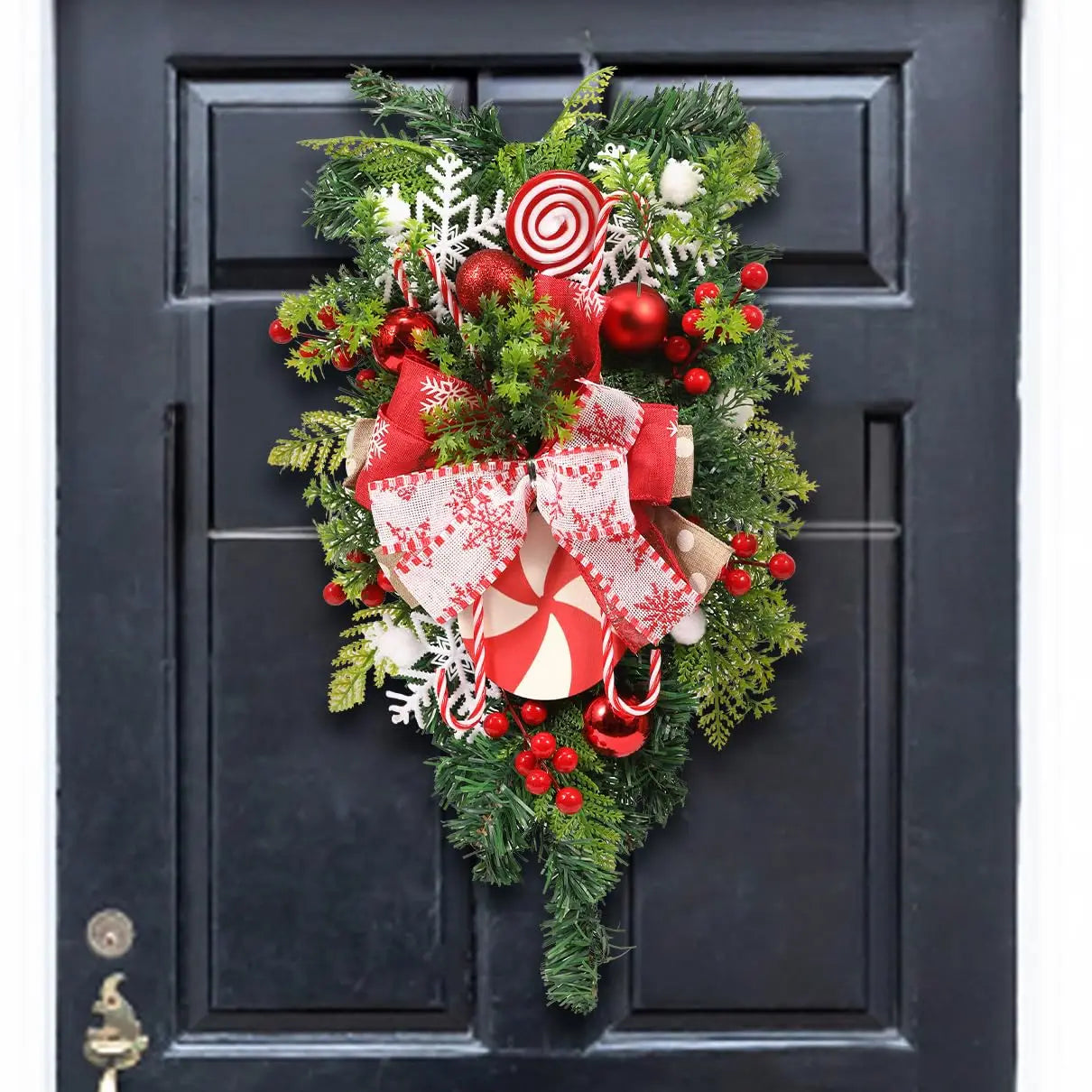 Christmas Candy Cane Wreath for Front Door Red White Xmas Teardrop Swag Decorations Christmas Garland with Ball Bow Ornaments Qme green One Size
