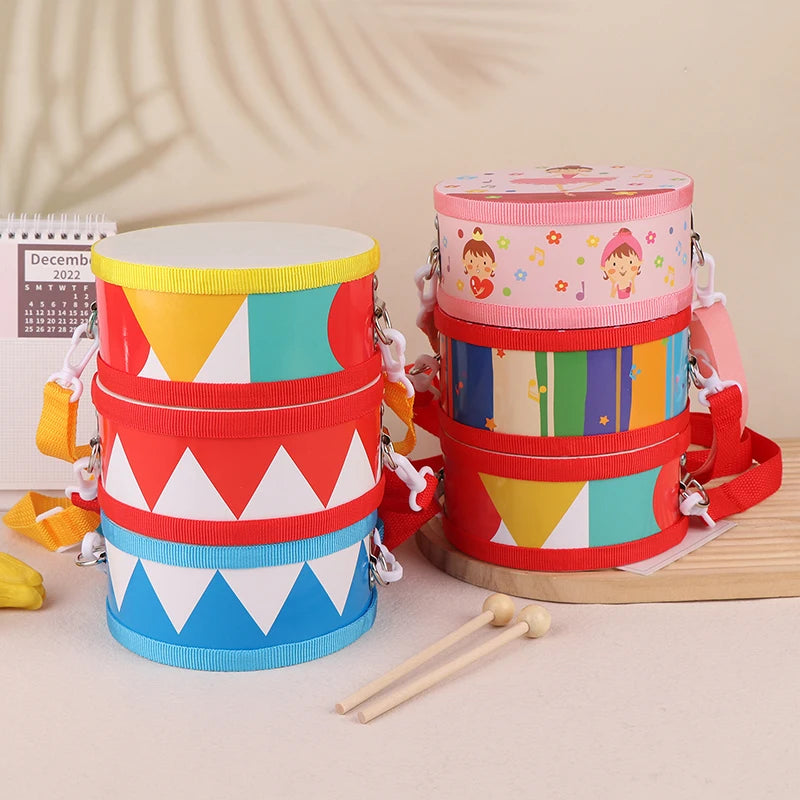 Kids Percussion Drum Wood Toy Carry Strap Music Instrument Teaching Qme