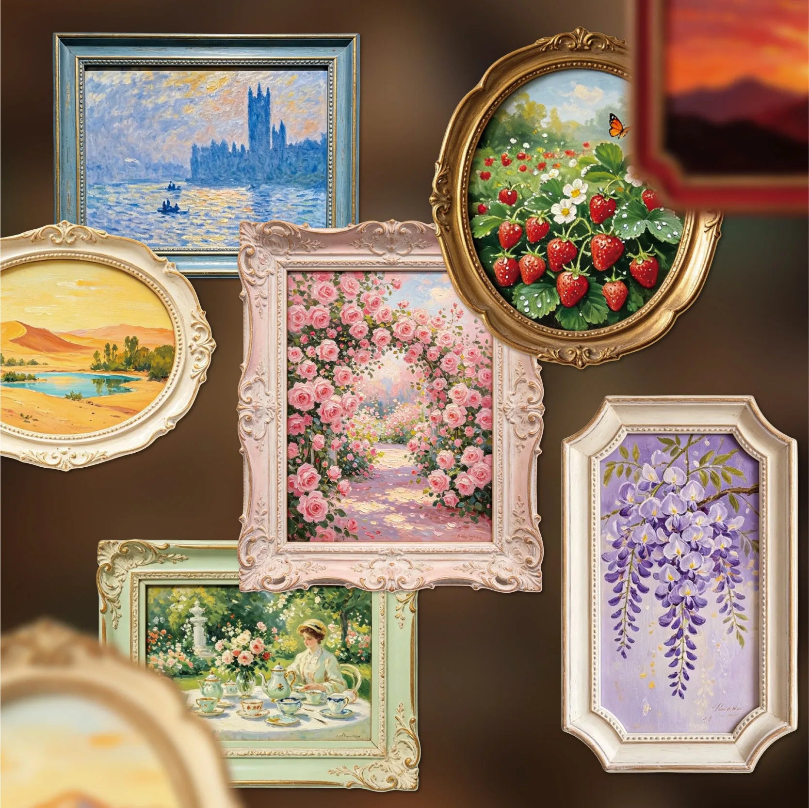 European Vintage Oil Painting Frame Stickers, Embossed Gold Rim Scenery Frames for Journal and Kuka Card Border Collage Qme