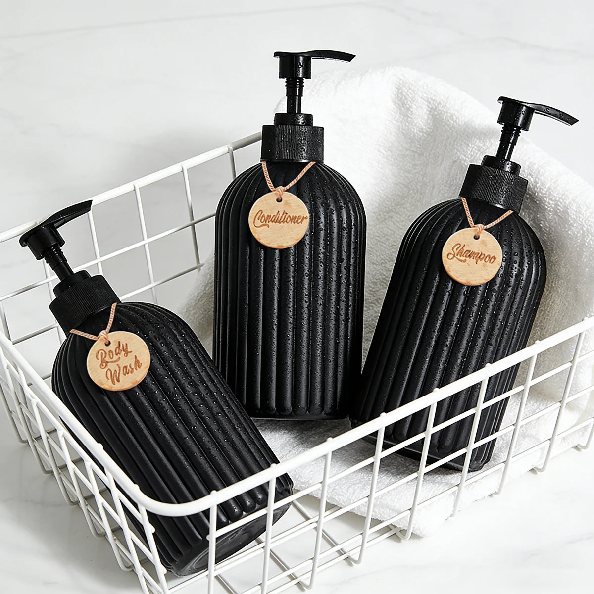 Matte Black Soap Disenser with Tags-16oz Ribbed Plastic Refillable Bathroom Bottles for Shampoo Conditioner Body Wash Container Qme 3pcs for bathroom