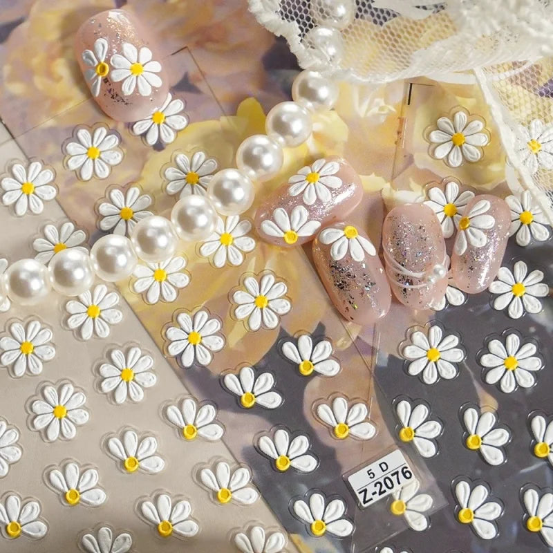 5D Flower Daisy Embossed Stickers Nail Sliders Decals Daisy White Florals Petals Flowers Back Glue Nail Sticker Decoration Qme