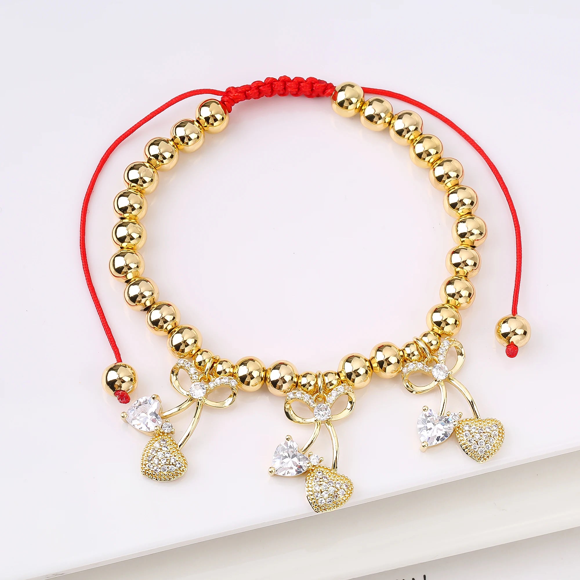 Gold-plated Copper Bead Chain Braid Crystal Red Cherry Bracelet Woman