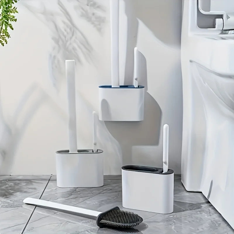 1 Set of 2 Toilet Brushes and 1 Toilet Seat, Wall-mounted Toilet Brush,Silicone Soft Toilet Brush Head, Long-handle Toilet Brush Qme Navy Blue