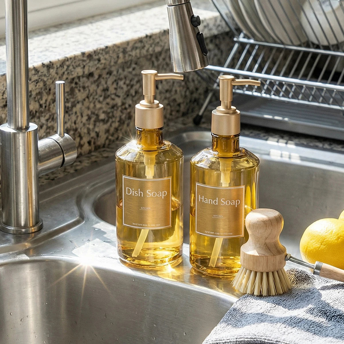 2PCS/SET Kitchen Counter Hand Soap Dispenser, Refillable Dish Soap Bottles with Gold Labels, 500ML/16.9OZ Reusble Pump Bottle Qme
