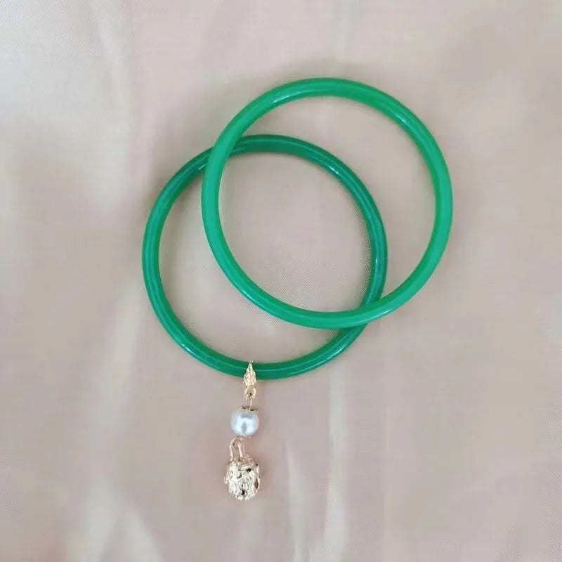 2Pcs/Set Natural Jade Jingle Bangles Retro Fairy Bell Glass Bracelet Femme Fashion Women's Casual China Jewelry Gifts Qme