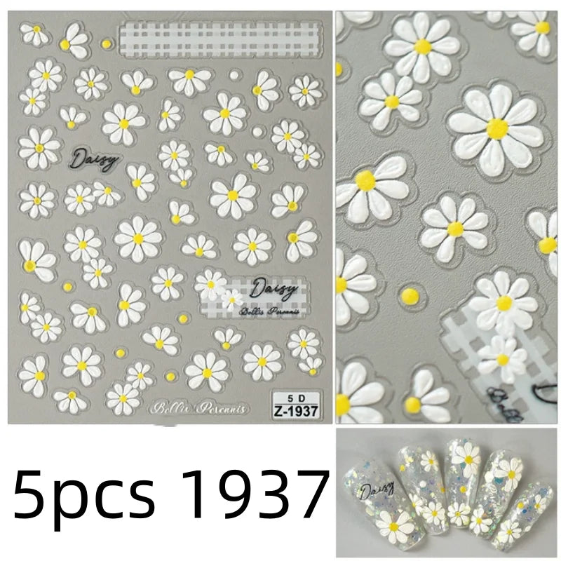 5D Flower Daisy Embossed Stickers Nail Sliders Decals Daisy White Florals Petals Flowers Back Glue Nail Sticker Decoration Qme 5pcs 1937