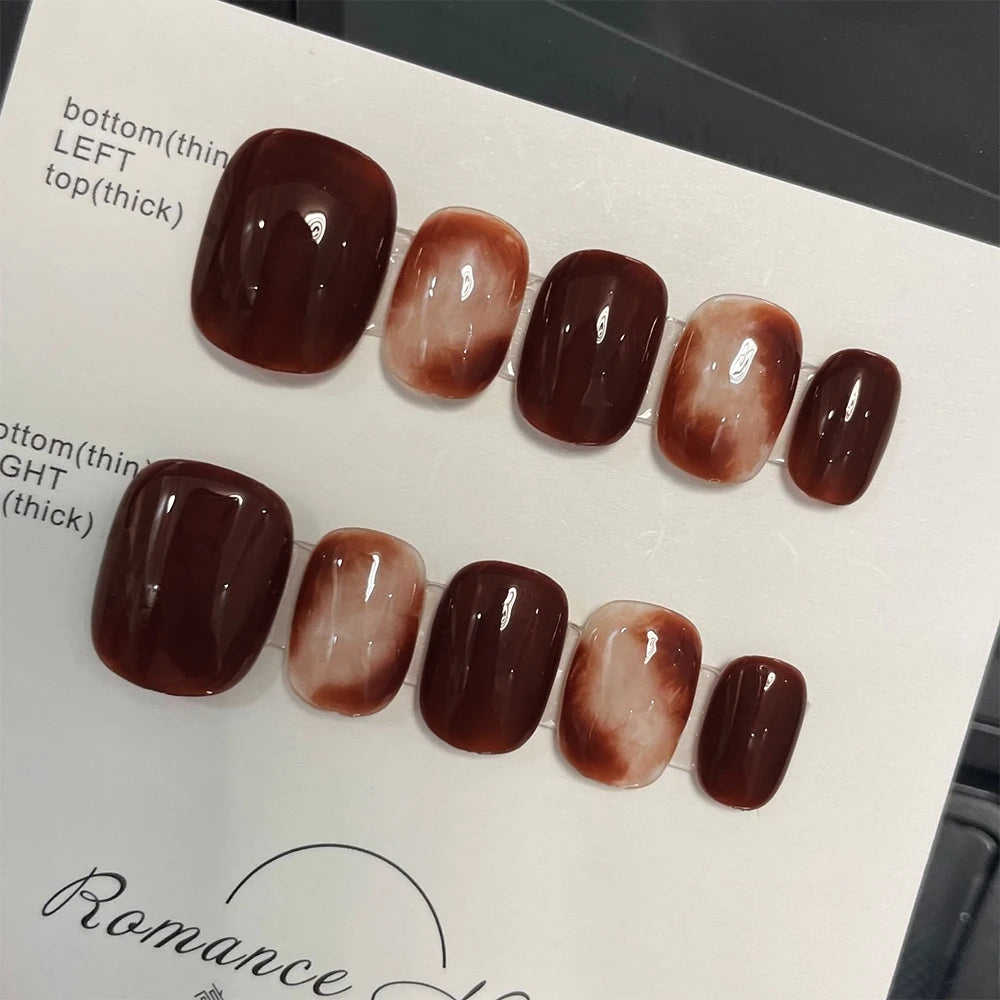 Caramel Handmade Short Fake Nails Press Full Cover Amber Blending Qme
