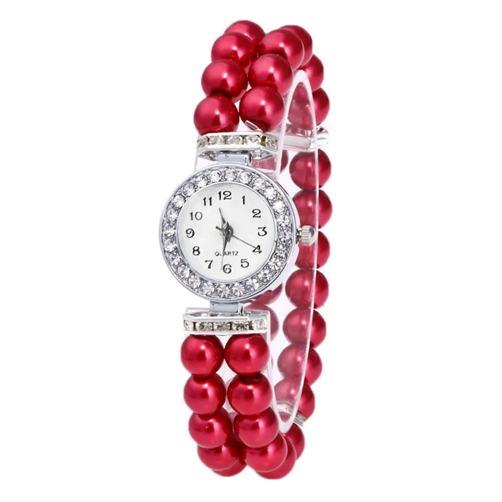 Fashionable And Versatile Exquisite Luxury Ladies’ Pearl Chain Round Dial Diamond Edge Embroider Quartz Watch Suitable For Party Qme