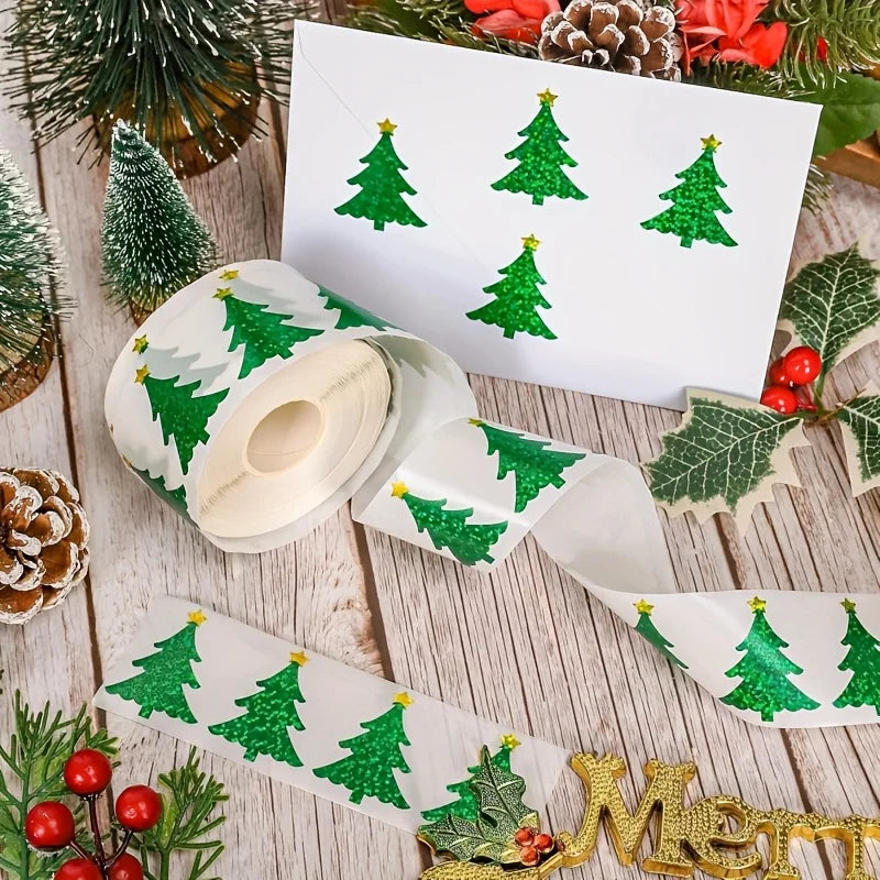 1000 sheets/2 rolls mixed Christmas sticker roll, laser green Christmas tree plus red Christmas hat self-adhesive sticker roll Qme
