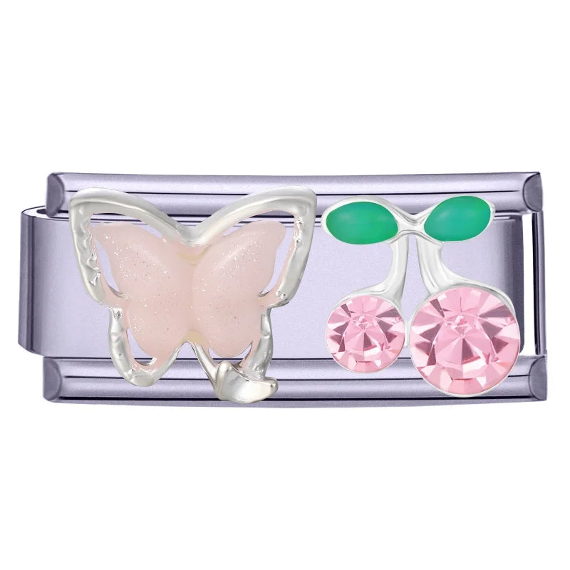Fashion Purple Pink Butterfly Heart Crown Cherry Zircon Italian Charm Link Fit 9mm Bracelet Stainless Steel Men Women DIY Making Qme Style 14