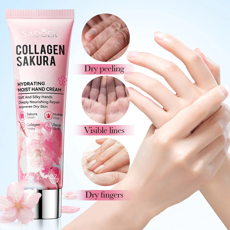 Sakura Collagen Hydrating Hand Cream Moisturizing Lotion Dry Cracked Qme