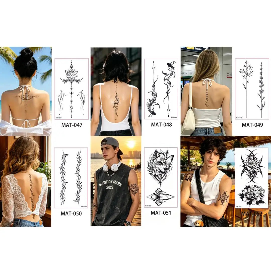 A 6/9pcs Temporary Tattoos for Women - Black Heart, Butterfly, Floral & Celestial Designs | Waterproof Fake Tattoo Stickers Qme 6pcs MAT-047MAT052