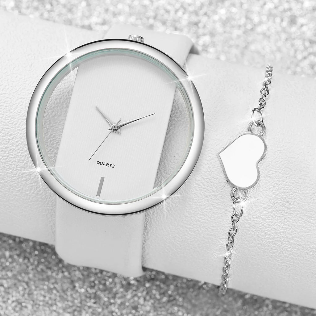 Silver hollowed out large dial, white belt, ladies' quartz watch, heart-shaped fine bracelet, two-piece set Qme