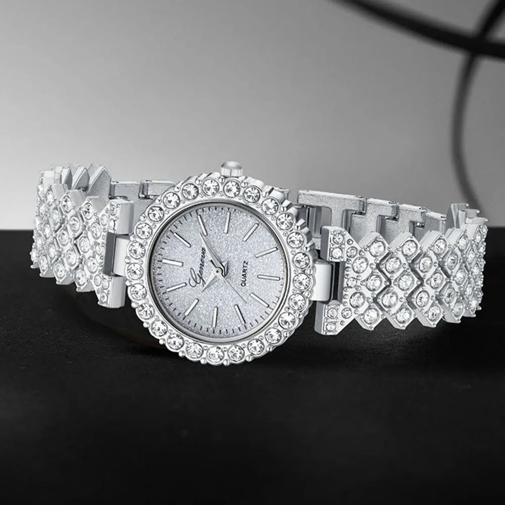 6PCS Silver Women's Watch Set Luxury Fashion Quartz Watch Bracelet Necklace Earrings Set Perfect Gift for Friends or Moms Qme