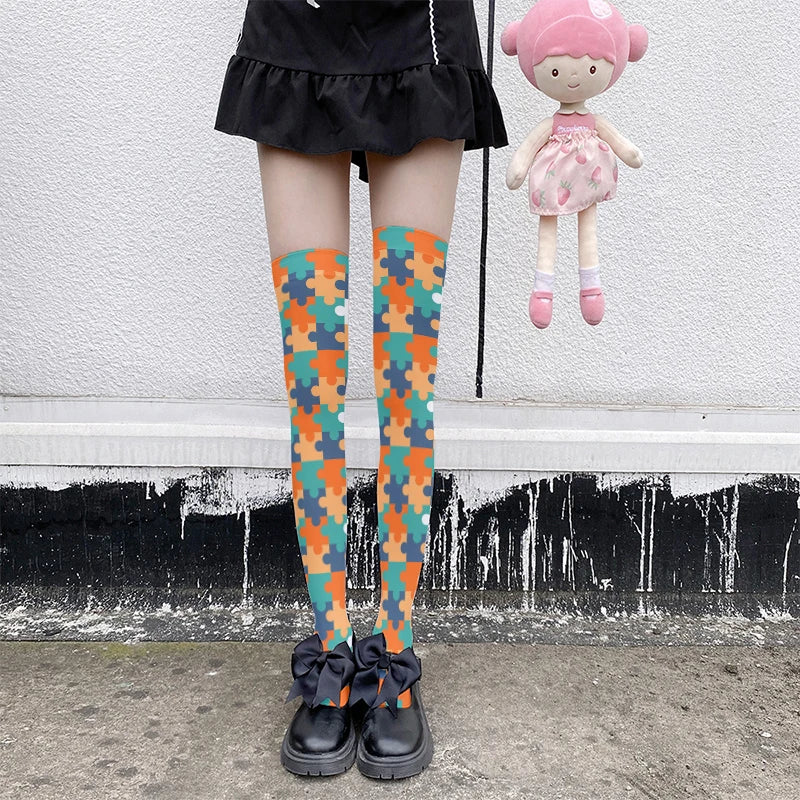 Novelty Puzzle Pattern Stockings Harajuku Sexy Plaid Knee Socks Qme