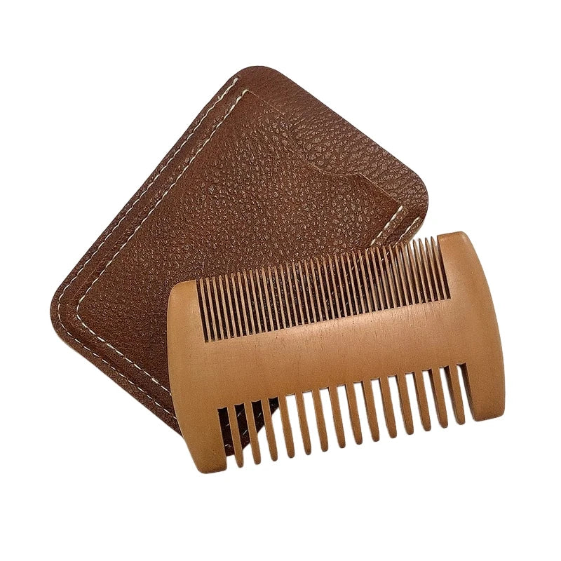 Natural Wood Hair Brush Beard Comb PU Leather Case Anti-static Qme
