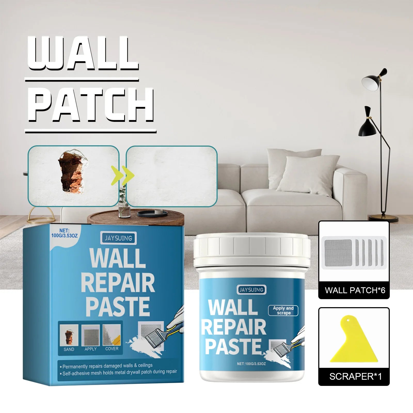Jaysuing White Wall Repair Paste Quick-Drying Mouldproof Home Renovation Paint for Holes Peeling Gaps Drywall Mending Kit Qme
