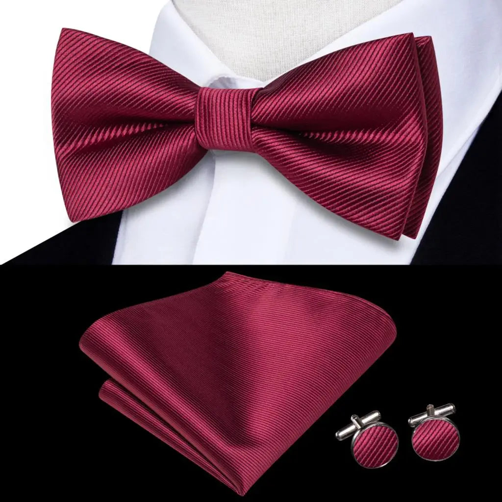 Rose Red Burgundy Maroon Silk Mens Bow Tie Hanky Cufflinks Set Jacquard Pre-tied Butterfly Knot Bowtie for Male Wedding Business Qme LDLH0596