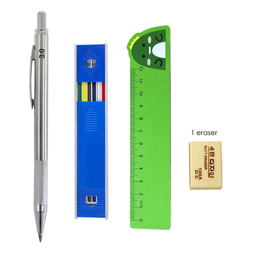 Mechanical Pencil Set 3.0mm Full Metal Art Drawing Painting Automatic Pencil with Leads Office School Supply Qme 4 PCS Set D