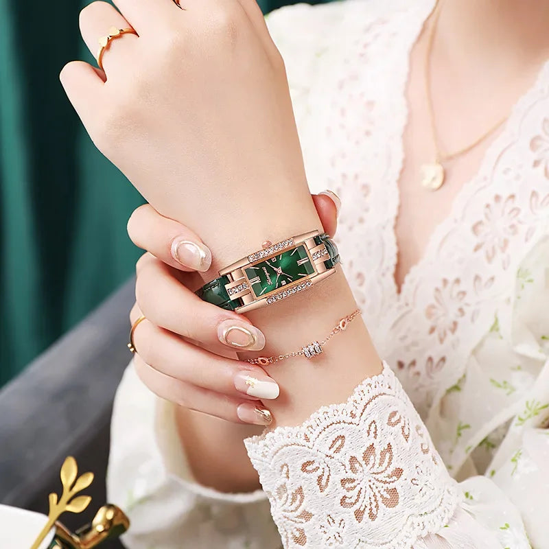 2 unidades/conjunto relógios femininos moda retângulo pulseira de couro relógio de quartzo (sem caixa) Qme