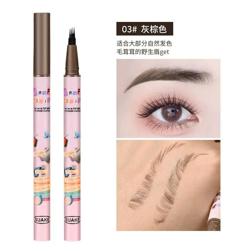 4 Colors Eyebrow Pen Waterproof 4 Fork Tip Eyebrow Tattoo Pencil Cosmetic Long Lasting Natural Dark Brown Liquid Eye Brow Pencil Qme 03 grayish brown