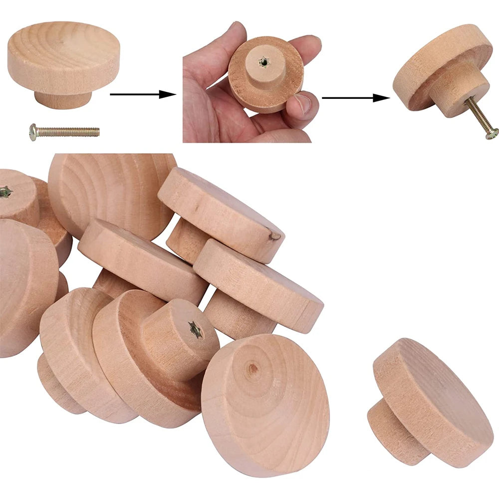 Round Wooden Cabinet Knobs Unfinished Wood cupboard Furniture Drawer Pulls Handles with Screws for Wardrobe Dresser Closet Qme