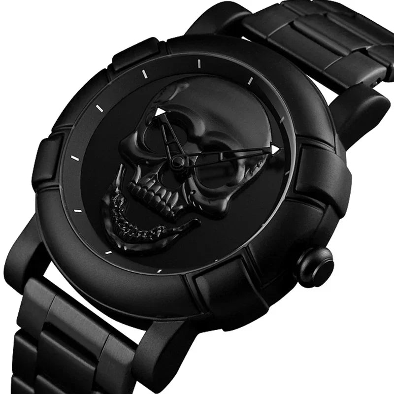 Men's Quartz Watch, Black and Gold Dial, 3D Skull Head Pattern, Stainless Steel, Steampunk Rock Engraved, Men's Watch Qme BLACK SKULL WATCH
