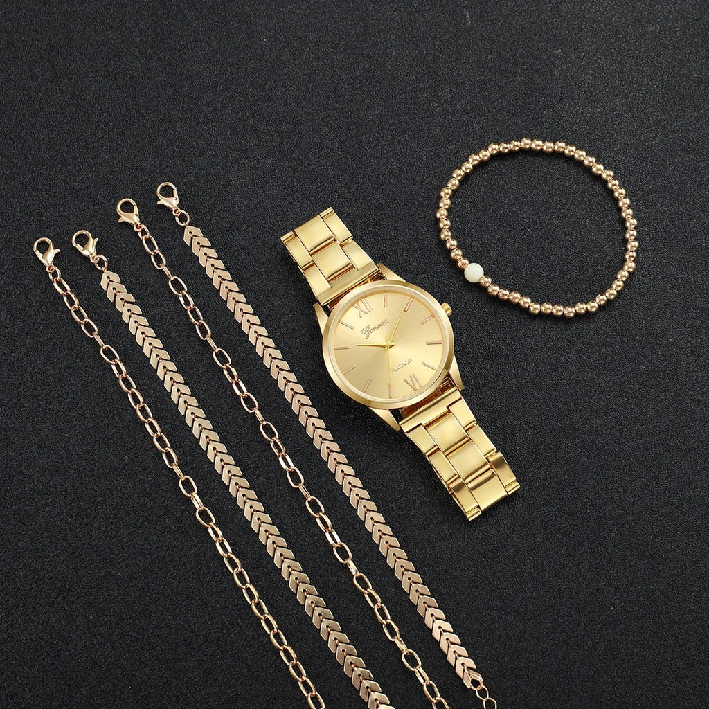 3/6 PCS Relógio Feminino Moda Ouro Banda de Aço Relógios de Quartzo Conjunto de Pulseiras (Sem Caixa) Qme