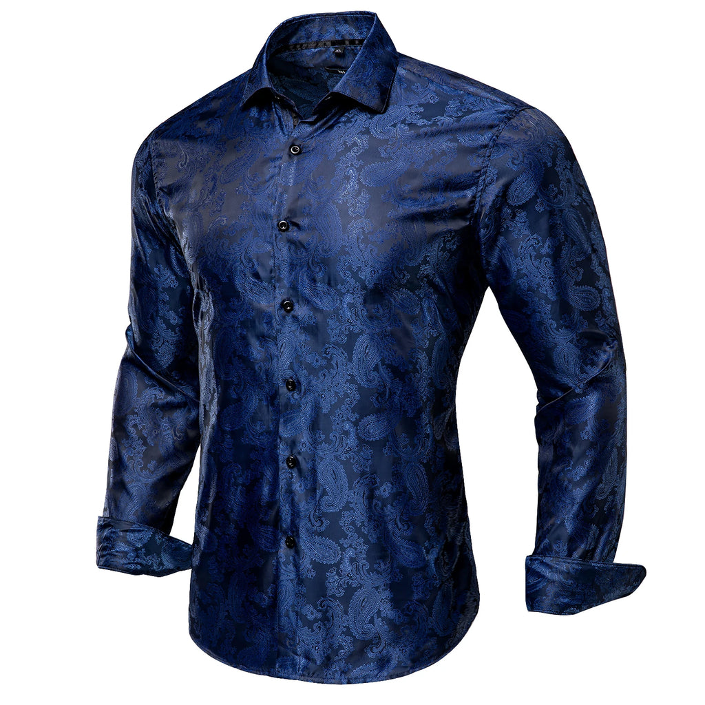 Hi-Tie Mens Shirts Silk Paisley Navy Blue Pink Black White Green Long Sleeve Lapel Shirt Casual Formal for Male Wedding Business Qme