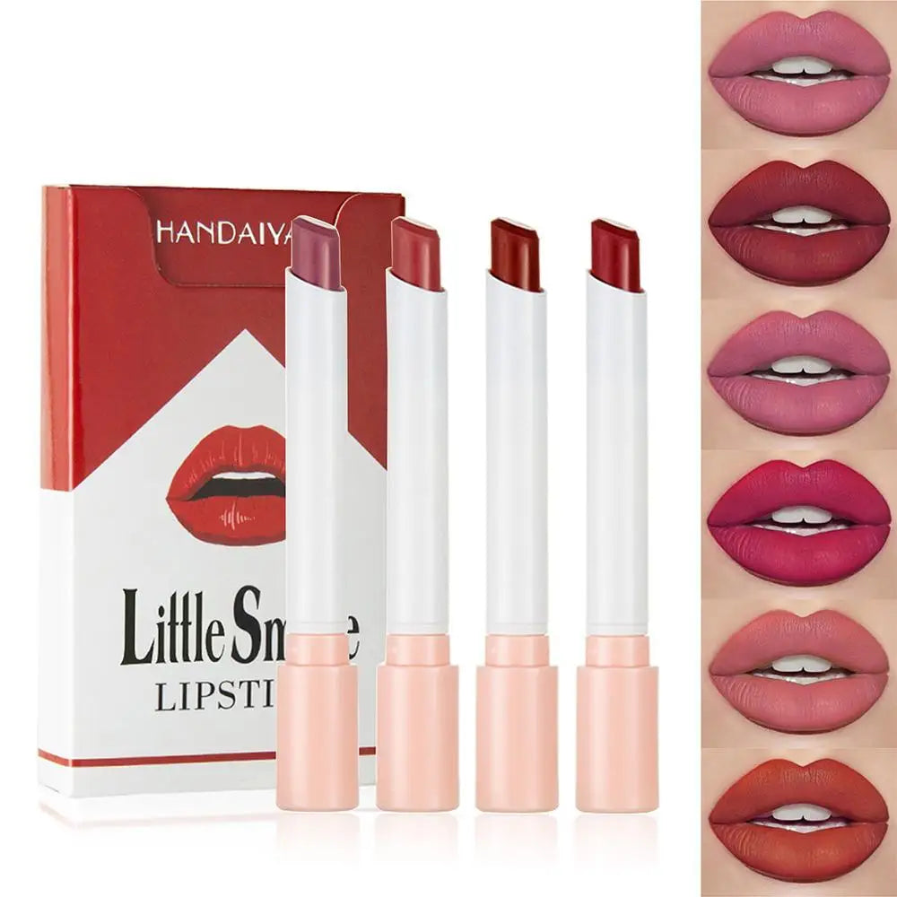 HANDAIYAN Set Of 4 Matte Lipstick Kit Cigarette Smoke Tube Lip Gloss Long Lasting Waterproof Nude Red Lip 24 Hour Lip Tint Stain Qme
