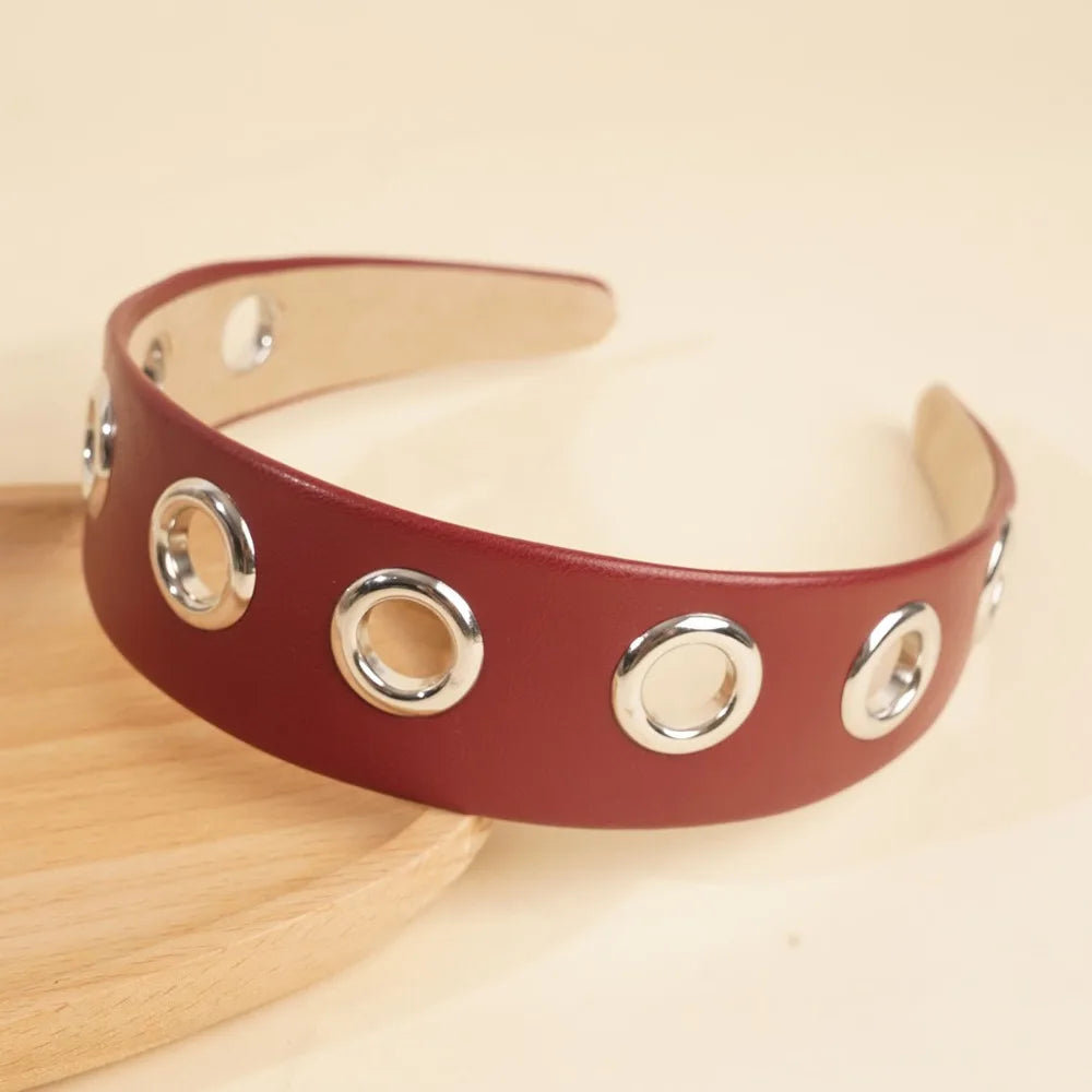 Solid Hollow Metal Headband Ring Y2k Hollowed Out Eyelets Stretchy Qme Dark Red