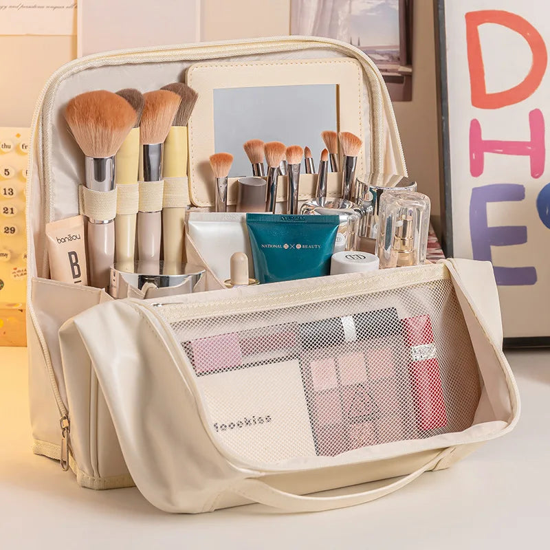 Travel Makeup Bag Women Large Capacity Waterproof Cosmetic Organizer Qme Beige