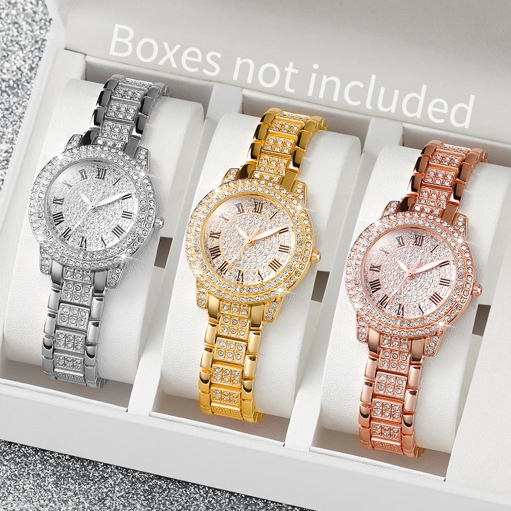 3 peças relógios femininos moda completa strass relógio de quartzo pulseira de aço inoxidável relógios de pulso (sem caixa) Qme