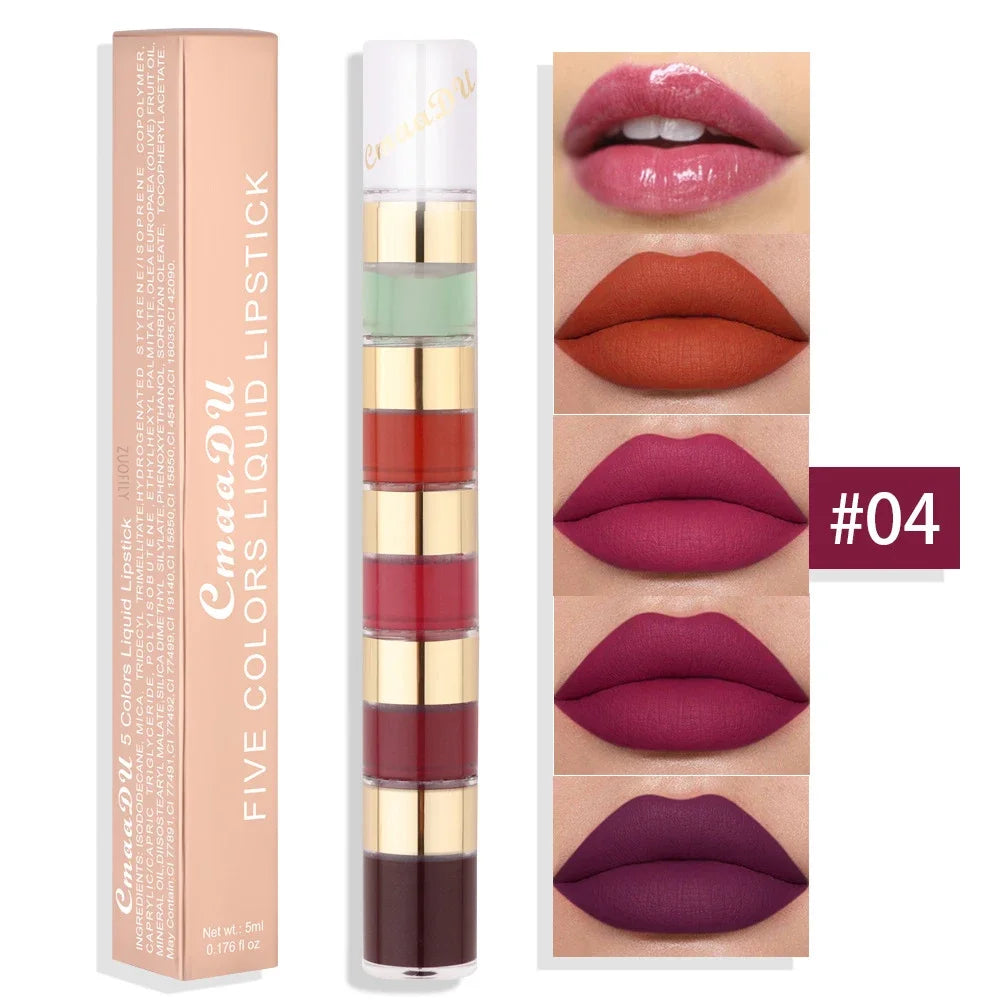 5 In 1 Matte Lipstick Kit Combo Strip Velvet Sexy Red Lip Tint Non-stick Cup Lip Gloss Lip Oil Makeup Lips Cosmetic Set Qme 04