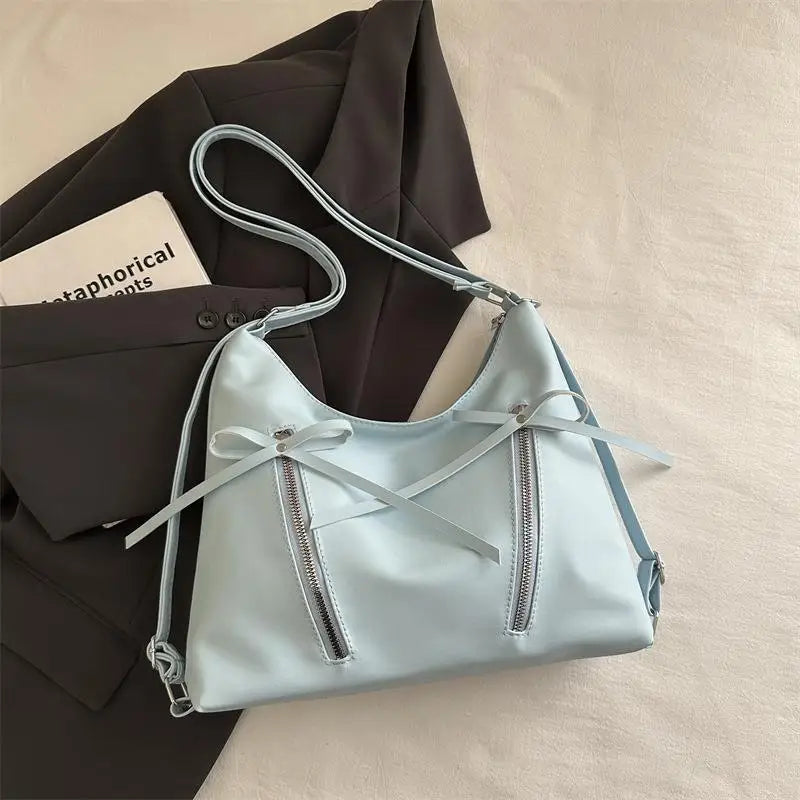 Retro Large Capacity Soft Leather Tote Bag with Knot - Casual Double Shoulder Bag Trendy Sle Women Handbag for Work Qme Blue
