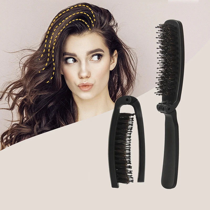 Foldable Hair Comb Boar Bristle Brush Curly Fluffy Head Massager Qme